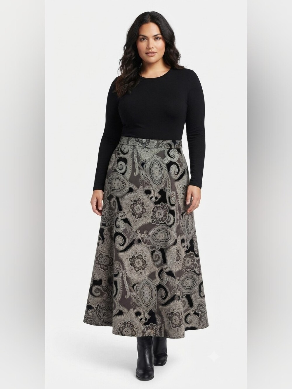 Intriguing Threads Women's Vintage Gray Paisley Print Formal Midi Skirt Size 12